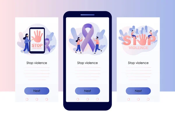 Arrêtez le signe de violence. Ruban violet comme symbole de la violence domestique. Journée internationale pour l'élimination de la violence à l'égard des femmes. Modèle d'écran pour téléphone intelligent mobile. Moderne dessin animé plat style.Vector — Image vectorielle