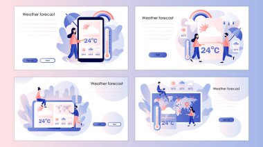 Hava tahmini çevrimiçi. Meteoroloji. Güneş, bulutlar, rüzgar, fırtına, yağmur. Cep telefonu, iniş sayfası, şablon, ui, web, mobil uygulama, poster, afiş, el ilanı için ekran şablonu. Vektör