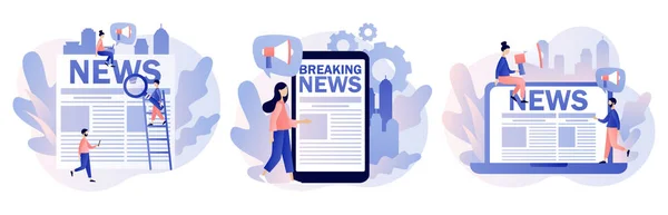 Breaking news. Tiny people read news online using smartphone laptop or newspaper. Modern flat cartoon style. Vector illustration on white background — Stock Vector