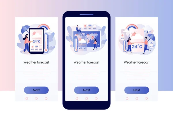 天気予報アプリ。気象温度計。太陽、雲、風、雷雨、雨。携帯電話用の画面テンプレート。現代のフラット漫画スタイル。白い背景のベクトルイラスト — ストックベクタ