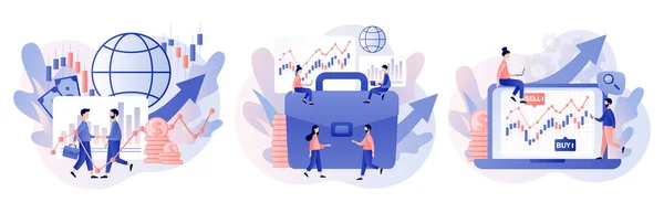 Trading online. Business, finance and trade. Tiny people buy and sell cryptocurrency, stocks and bonds for forex. Modern flat cartoon style. Vector illustration on white background — Stock Vector