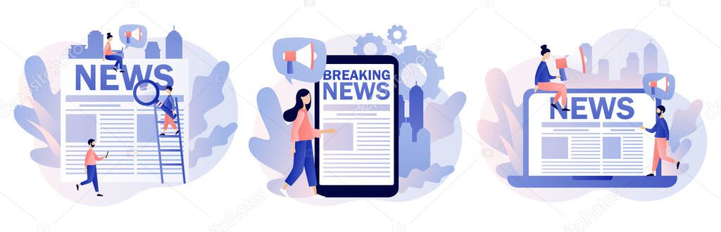Breaking news. Tiny people read news online using smartphone laptop or newspaper. Modern flat cartoon style. Vector illustration on white background