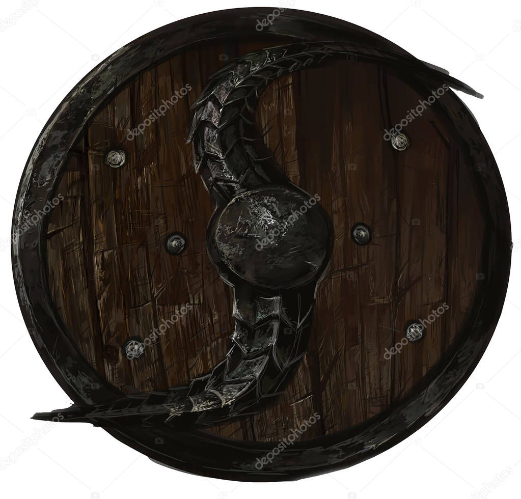 wooden shield, digital graphics. Excellent detailed round shield for your illustrations
