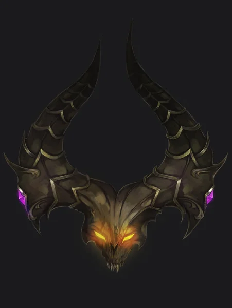 Şeytani bir sembol, siyah bir zemin üzerine metal boynuzları ile bakmak. Şeytan, Diablo. oyunlarda ve siteler için örnek bir öğe olarak. Şeytan'ın konu görüntü. Dekorasyon için Gotik ve karanlık tarafı. Bir site veya diğer öğeleri için