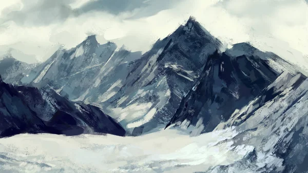 Beyaz karlı dağlar, doğa. Dijital sanat