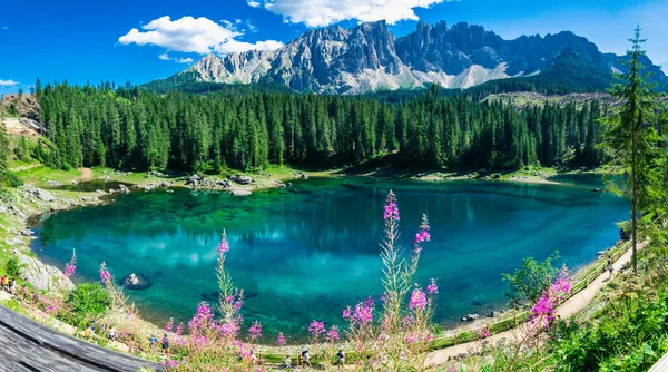 Carezza Gölü 'nün panoramik manzarası. Latemar Dağı, Trentino-Alto Adige Bölgesi, Bolzano, İtalya.