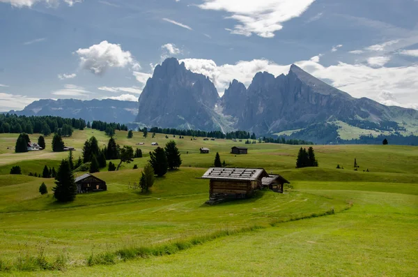 Kısmen güneşli havalarda kır evlerinin manzarası, Picturesque. Sassolungo ve Langkofel dağ grubuyla Alpe di Siusi veya Seiser Alm, Güney Tyrol, İtalya