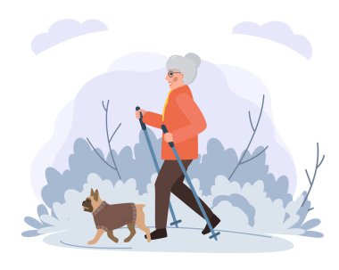 Parkta köpeğiyle gezen yaşlı bir kadın. Hisse senedi. Yaşlılar için köpeklerle spor ve etkinlik.