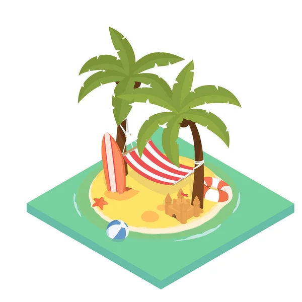 여름 공휴일의 측정학적 예시. Stock vector.Colorful 해변에 야자나무와 해변 해먹 이 있습니다. 여름의 개념. — 스톡 벡터