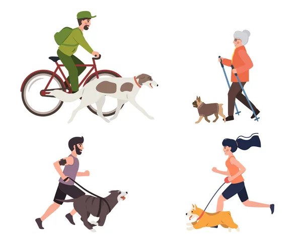 犬のイラストでスポーツや活動。株式ベクトル。公園で犬と一緒に走ったり、歩いたり、自転車に乗っている人. — ストックベクタ