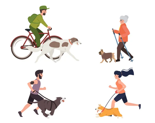 Sport und Bewegung mit Hunden illustrieren. Aktienvektor. Menschen laufen, gehen und fahren Fahrrad mit Hund im Park. Stockillustration