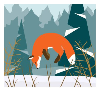 Karlı ormanda kızıl tilki avının vektör çizimi. Fare avlamak için atlayan tilki.