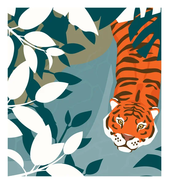 Kreskówkowy tygrys spacerujący w dżungli. Ilustracja wektora. Mieszkańcy lasów deszczowych. — Wektor stockowy