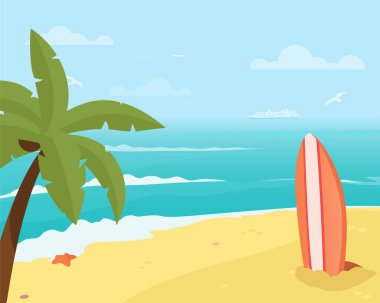 Güneşli bir günde deniz manzarası. Tropik plaj ve okyanus manzarası palmiye ağacı ve sörf tahtasıyla. Stok vektör arkaplanı.