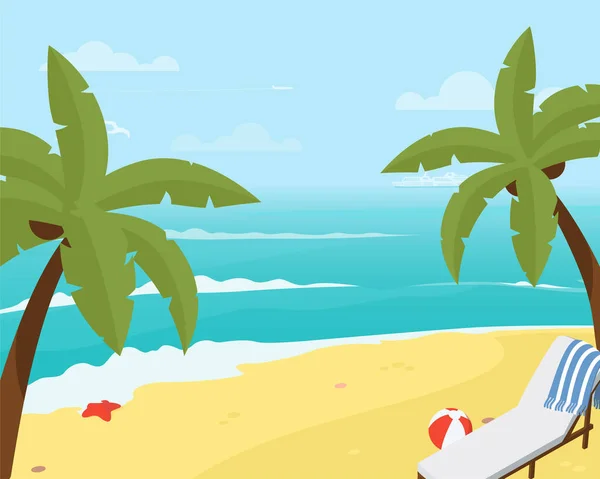 Tropischer Strand und Meereslandschaft mit Palmen, Kreuzfahrtschiff und Strandliegen. Hintergrund des Aktienvektors. — Stockvektor