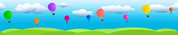 Nubes en un cielo azul con globos voladores y hierba verde . — Vector de stock