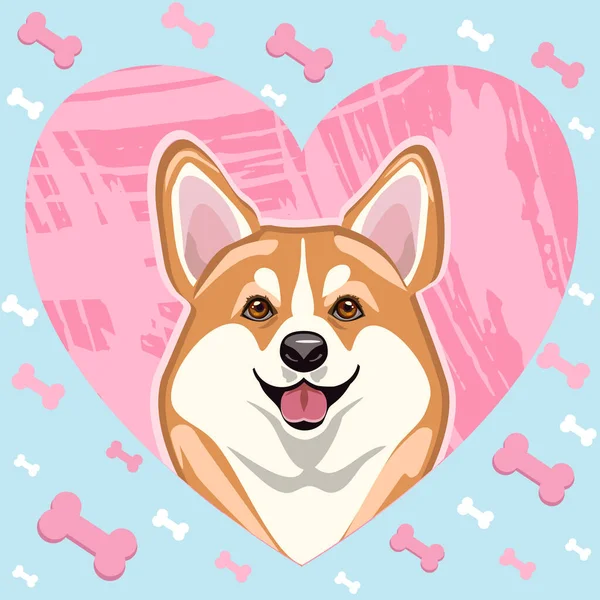 Sorrindo bonito galês corgi cão com um coração rosa e ossos favoritos . — Vetor de Stock