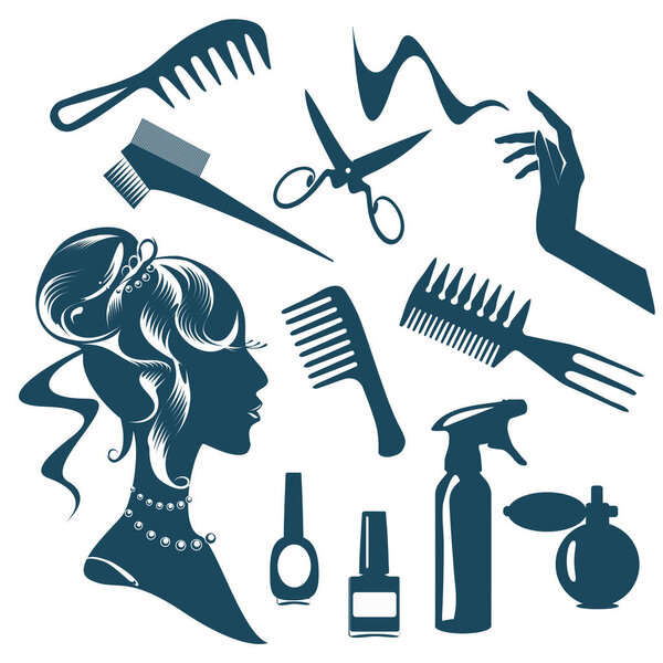 Set of silhouettes of tools for a hairdresser. Vector illustration of elements for design.