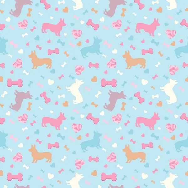 Enkelt mönster silhuett walesiska corgi hund med en rosa hjärta och favorit ben. — Stock vektor