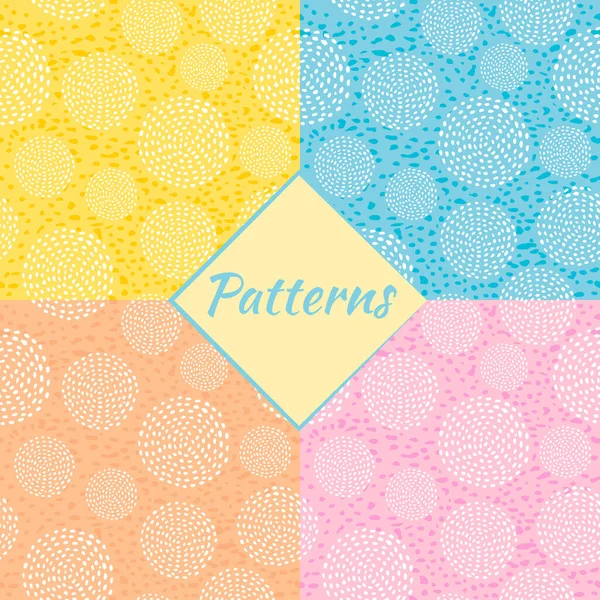 Seamless pattern circles from white dots freehand, round spots on a light blue, yellow, pink, coral color background. Abstract drawing. — Stock Vector