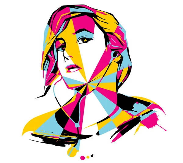 Portrait d'une fille avec écouteurs dans un style abstrait moderne. Image polygonale dessinée à la main d'une fille qui écoute de la musique. — Image vectorielle