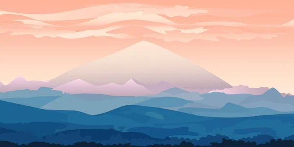 Vektor Illustration Einer Wunderschönen Berglandschaft Auf Rosa Himmelshintergrund Großer Berg — Stockvektor