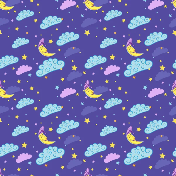 Padrão Sem Costura Com Lua Adormecida Bonito Estrelas Nuvens Ilustração — Vetor de Stock