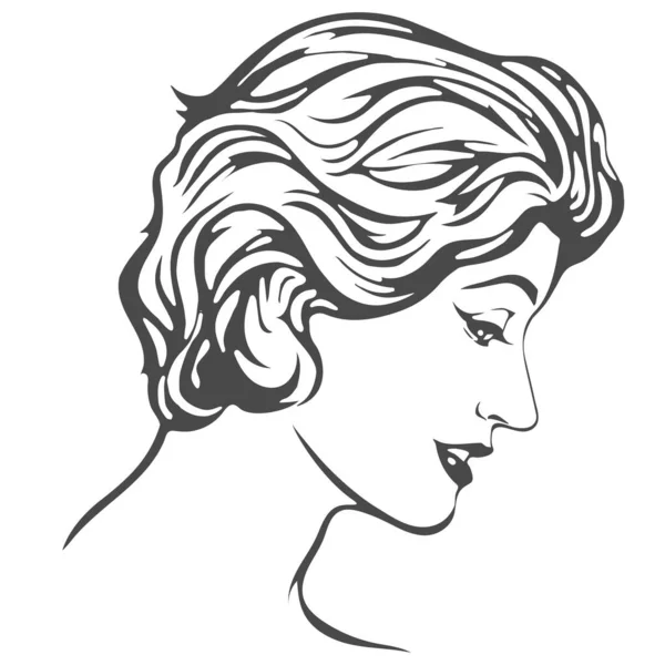 Tête de femme aux cheveux courts de profil. Style rétro. — Image vectorielle
