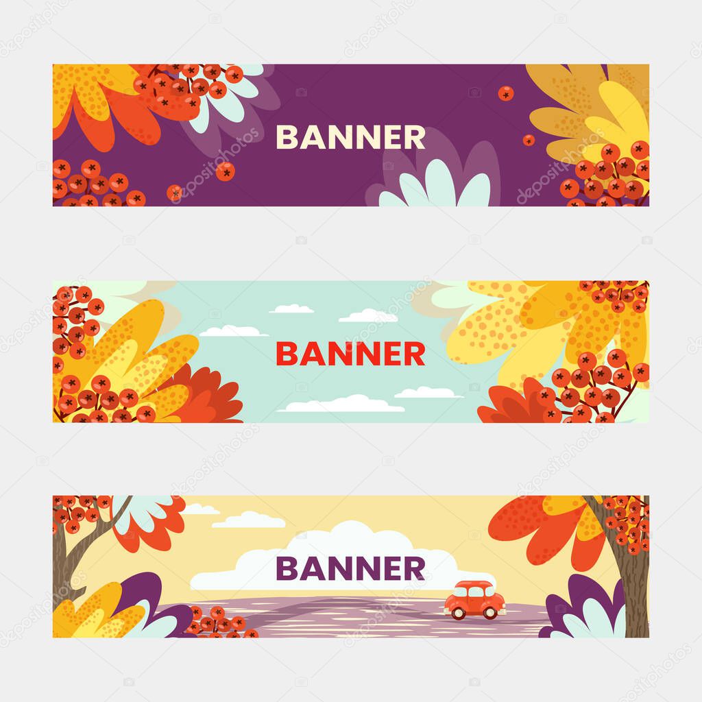 Autumn season simple colorful horizontal banners. Autumn, yellow foliage of trees, rowan berries, car.