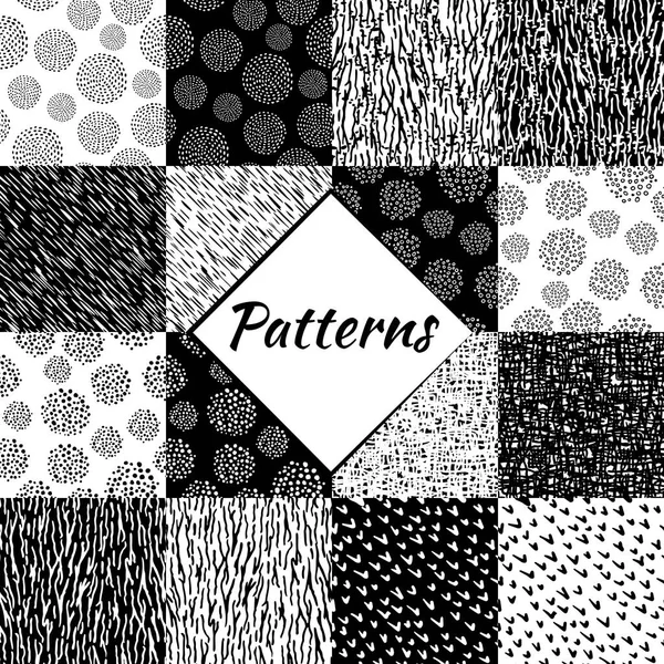 Set of hand-drawn seamless patterns, dots and strokes. Black and white image. — Stock Vector
