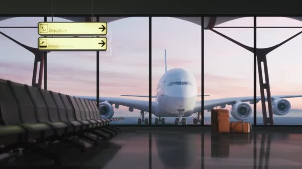 出発エリアを待っている椅子付きの空港ターミナル 空港ターミナルの窓の外の飛行機 3D可視化 — ストック動画
