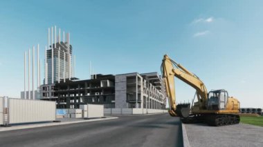 Evlerin inşaatı. Konut kompleksinin yapımı, zaman aşımı. İnşaat alanının arka planında kazıcı var. 3d görselleştirme