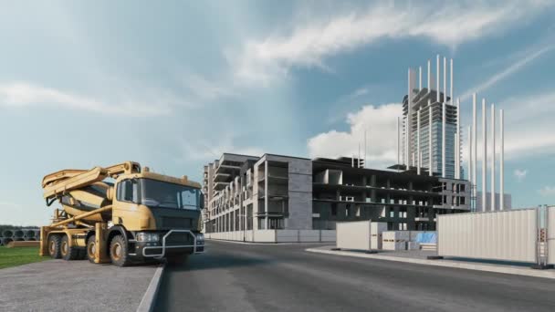 Perioada Construcție Zonei Rezidențiale Animație Construcții Rezidențiale Camion Mixer Beton — Videoclip de stoc