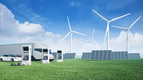 風力タービンを背景にした電気自動車 車の代替エネルギー 緑の芝生の上で生態系の車 3Dアニメーション — ストック動画