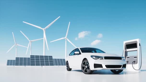 Elektrikli Araba Şarj Istasyonu Rüzgar Türbinleri Ekolojik Yeşil Araba Çimen — Stok video