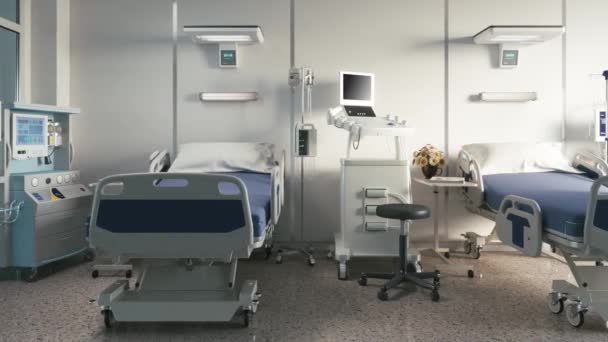Два Порожніх Ліжка Лікарняній Кімнаті Медичним Обладнанням — стокове відео