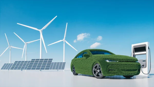 Electric car charger station and wind turbines. Ecologic green car. Grass covered car. Wind turbines and solar panels.