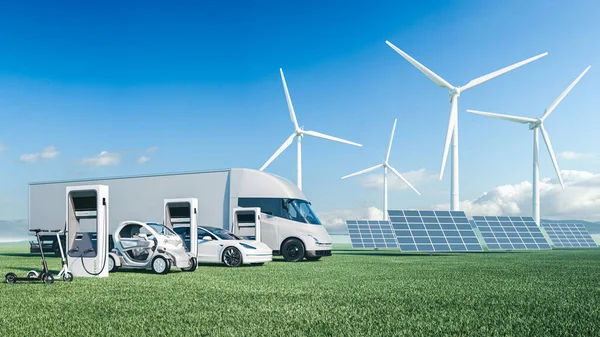 Rüzgar türbinlerinin arka planında elektrikli arabalar var. Arabalar için alternatif enerji.