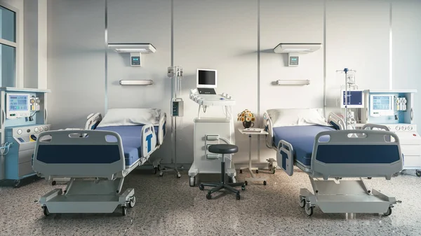 Two empty bed in a hospital room with medical equipment