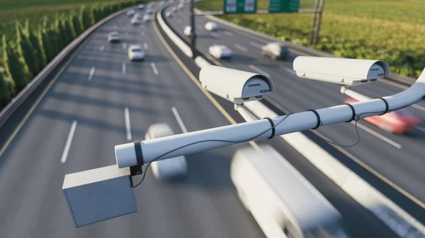 Hız kamerası yoğun trafik yolunu izliyor. Kameralar yolda hız kontrolü yapıyor.