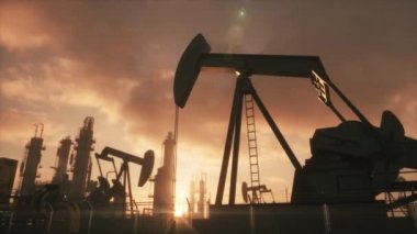 Gün batımında çalışan yağ pompasının silueti. Petrol pompası, endüstriyel ekipmanlar, döngüsel animasyon.