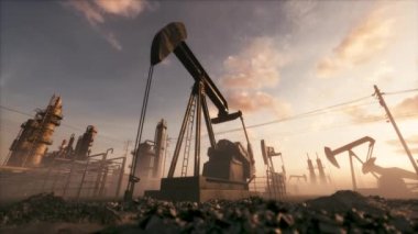 Gün batımında petrol pompası sondajında çalışmak. Fabrikada yağ pompası var.