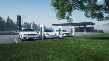 Elektrikli araç benzin istasyonunun arka planında şarj oluyor. Bir benzin istasyonunun arka planında elektrikli arabalar için şarj istasyonu. Elektrik ile benzin istasyonunu karşılaştırıyorum. 3d illüstrasyon