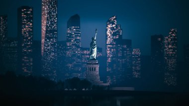 Gece gökdelenlerinin arka planında Özgürlük Heykeli. Manhattan 'ın aşağısındaki Özgürlük Anıtı. 3d illüstrasyon