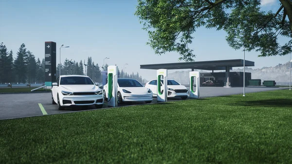 Elektrikli araç benzin istasyonunun arka planında şarj oluyor. Bir benzin istasyonunun arka planında elektrikli arabalar için şarj istasyonu. Elektrik ile benzin istasyonunu karşılaştırıyorum. 3d illüstrasyon