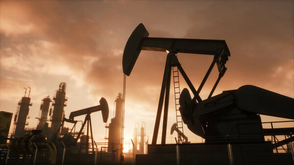 Silhouette of working oil pump jack at sunset. The oil pump, industrial equipment. 3d illustration