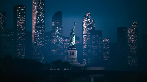 Статуя Свободы Фоне Ночных Небоскребов Статуя Свободы Нижнем Манхэттене Иллюстрация Стоковая Картинка