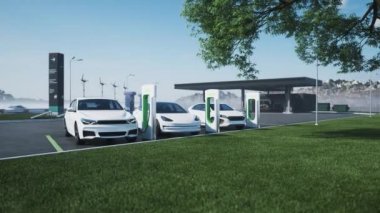 Elektrikli araç benzin istasyonunun arka planında şarj oluyor. Bir benzin istasyonunun arka planında elektrikli arabalar için şarj istasyonu. Elektrik ile benzin istasyonunu karşılaştırıyorum. 3d görselleştirme