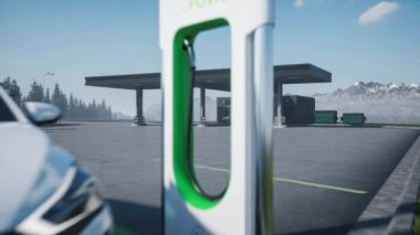 Bir benzin istasyonunun arka planında elektrikli arabalar için şarj istasyonu. 3d görselleştirme