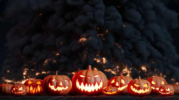 Halloween Kürbisse Auf Dem Rauchhintergrund Halloween Kürbisse Hintergrund Mit Flammen — Stockfoto